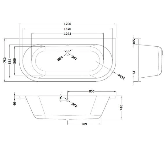 Nuie Shingle 1700 X 750mm Curved Back To Wall White Bath With Panel 3 Nuie Shingle 1700 X 750mm Curved Back To Wall White Bath With Panel - Image 3
