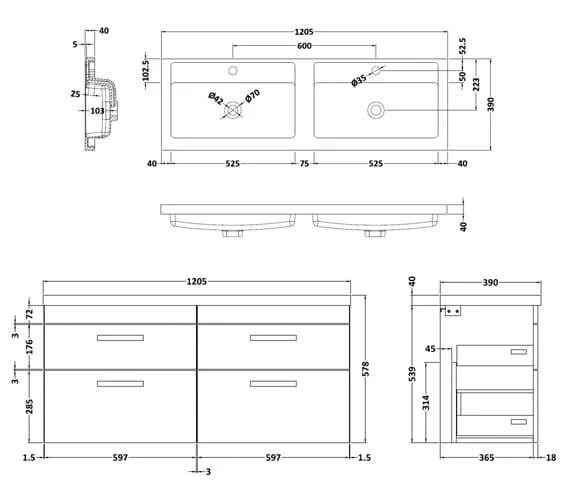 Nuie Athena 1205 X 390mm Wall Hung 4 Drawer Cabinet And Double Basin 2 Nuie Athena 1205 X 390mm Wall Hung 4 Drawer Cabinet And Double Basin - Image 2