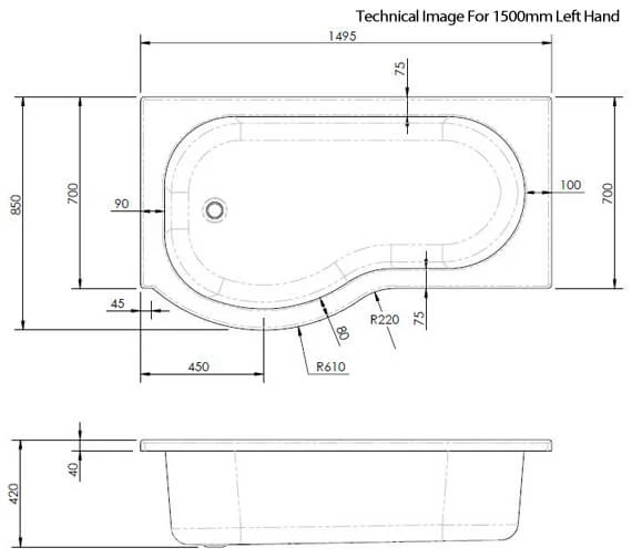 Nuie P-Shaped Shower Bath White 1 Nuie P-Shaped Shower Bath White