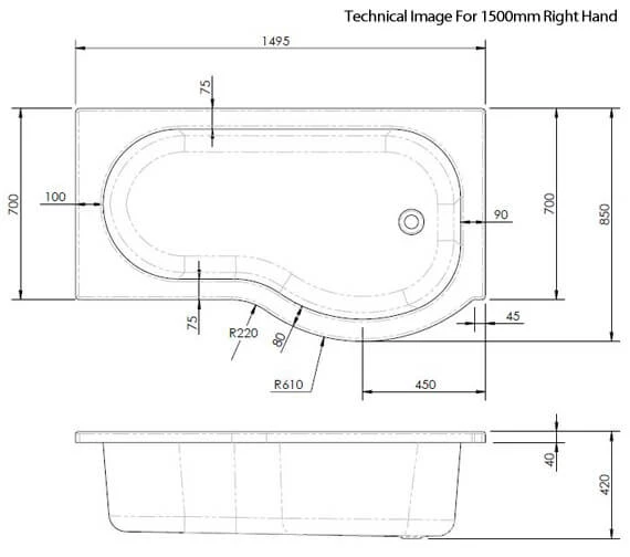 Nuie P-Shaped Shower Bath White 2 Nuie P-Shaped Shower Bath White - Image 2