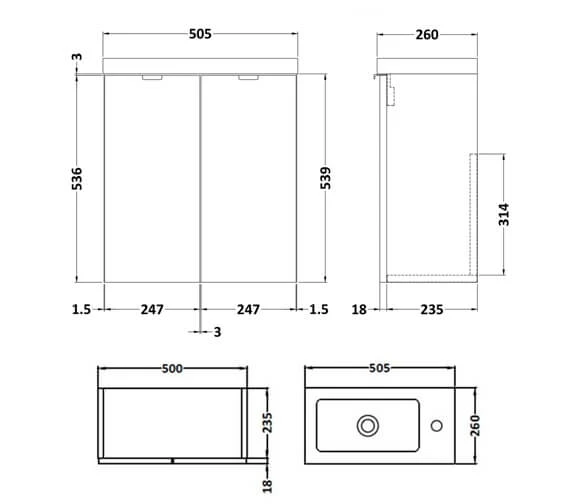 Hudson Reed Fusion 500mm Wall Hung 2 Door Slimline Vanity Unit And Basin 2 Hudson Reed Fusion 500mm Wall Hung 2 Door Slimline Vanity Unit And Basin - Image 2