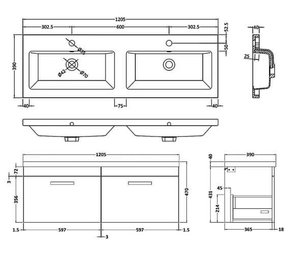 Nuie Athena 1205 X 390mm Wall Hung 2 Drawer Cabinet And Double Basin 3 Nuie Athena 1205 X 390mm Wall Hung 2 Drawer Cabinet And Double Basin - Image 3