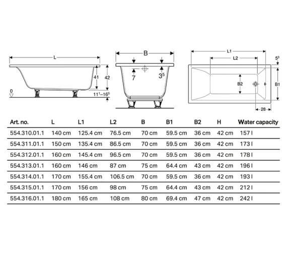 Geberit Renova Plan Rectangular Single Ended Acrylic Bath White With Feet 2 Geberit Renova Plan Rectangular Single Ended Acrylic Bath White With Feet - Image 2