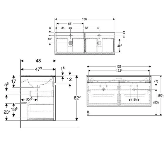 Geberit Renova Plan 1300 X 480mm Double Drawer Vanity Unit And Slim Basin 2 Geberit Renova Plan 1300 X 480mm Double Drawer Vanity Unit And Slim Basin - Image 2