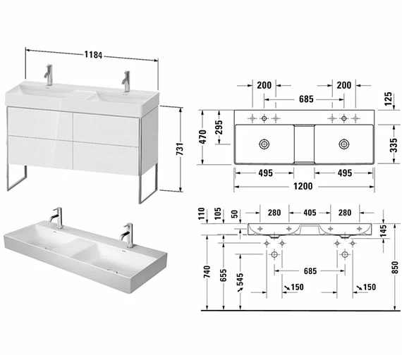 Duravit XSquare Floor-Standing 1184 X 460mm Vanity Unit With 4-Pull-Out Compartments 2 Duravit XSquare Floor-Standing 1184 X 460mm Vanity Unit With 4-Pull-Out Compartments - Image 2