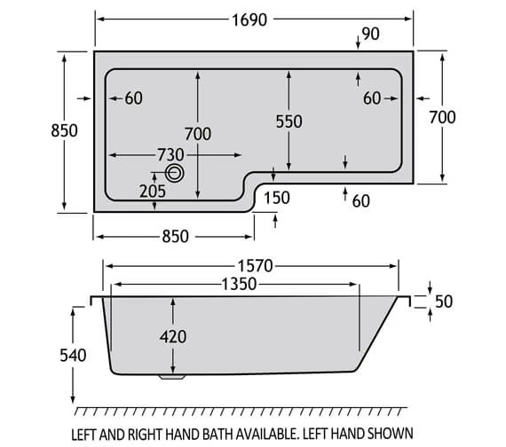 Carron Quantum 5mm Acrylic L-Shaped White Bath 1700 X 700-850mm 1 Carron Quantum 5mm Acrylic L-Shaped White Bath 1700 X 700-850mm