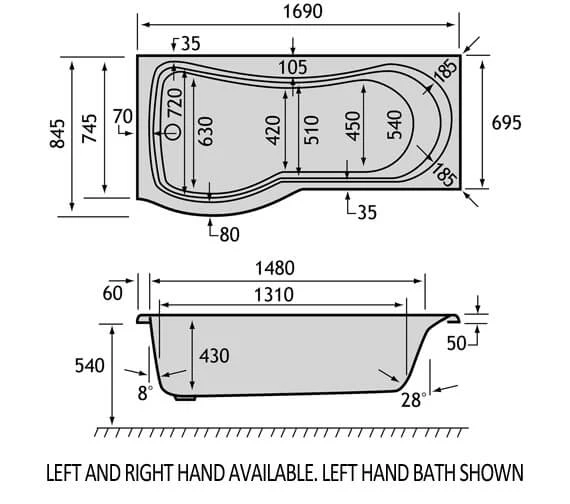 Carron Arc 5mm Acrylic White Shower Bath 1700 X 700-850mm 1 Carron Arc 5mm Acrylic White Shower Bath 1700 X 700-850mm