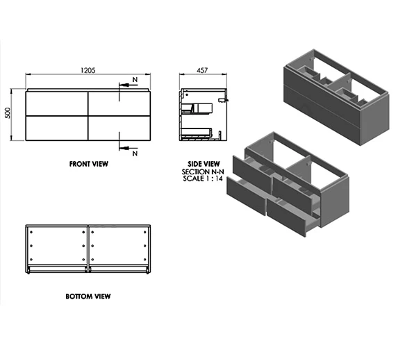 Essential Dakota 1205mm 4 Drawer Wall Hung Unit And Basin 2 Essential Dakota 1205mm 4 Drawer Wall Hung Unit And Basin - Image 2