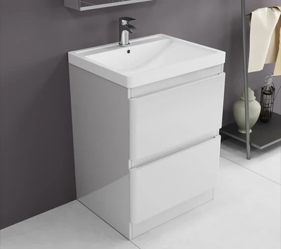 IMEX Flite White 600mm Double Drawer Floor Standing Unit And Basin 1 IMEX Flite White 600mm Double Drawer Floor Standing Unit And Basin