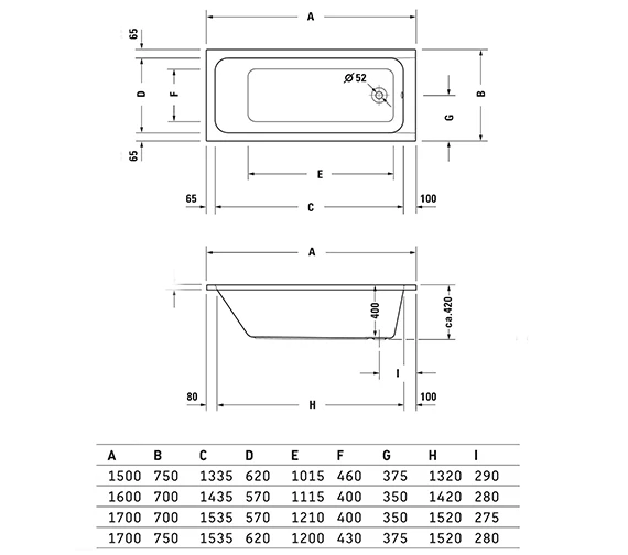 Duravit D-Code Built-In Bath With Support Feet - Outlet In Foot Area 2 Duravit D-Code Built-In Bath With Support Feet - Outlet In Foot Area - Image 2
