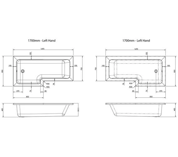 Nuie Square L-Shaped Shower Bath 4 Nuie Square L-Shaped Shower Bath - Image 4