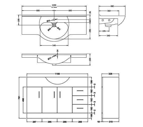 Nuie Mayford 1200mm Floor Standing White 3 Door 3 Drawer Cabinet And Basin 3 Nuie Mayford 1200mm Floor Standing White 3 Door 3 Drawer Cabinet And Basin - Image 3