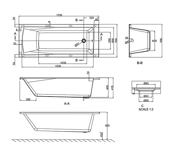 Cleargreen Sustain Single Ended White Bath 1700 X 700mm 2 Cleargreen Sustain Single Ended White Bath 1700 X 700mm - Image 2